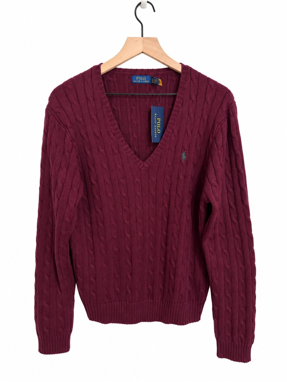 Polo Ralph Lauren Women’s Cable-Knit V-Neck Sweater Pony XXL Burgundy NWT